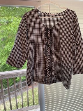 Flattering Black and White Gingham Ruffle Button down  Women’s Top